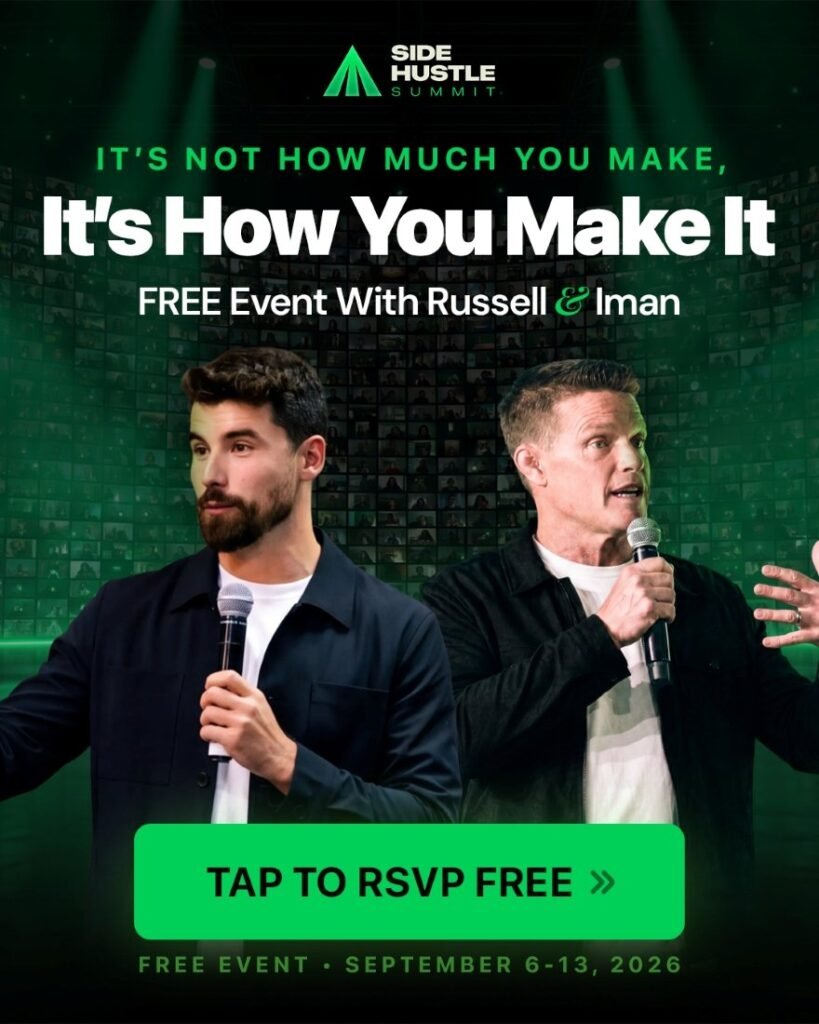 Independent review banner for the Side Hustle Summit featuring guest speakers Iman Gadzhi and Russell Brunson.